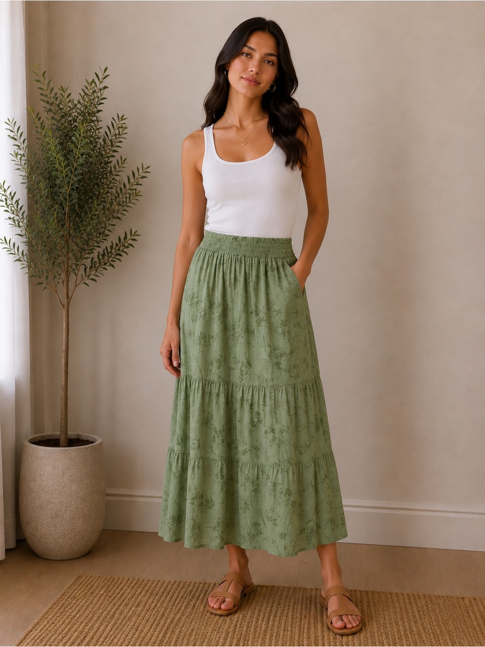 Polagram Olive Tiered Maxi Skirt